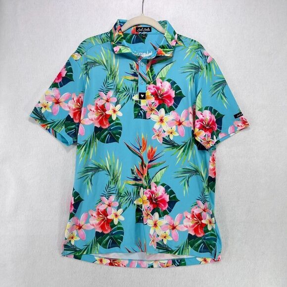 Bad Birdie Polo Shirt Men M Blue Hawaiian Print Golf Performance Outdoor Blend - Picture 1 of 9